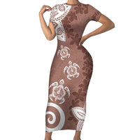Polynesia Family Matching Short Sleeve Bodycon Dress and Hawaiian Shirt Brown Tribal Turtle Floral Pattern LT05 Mom's Dress Brown - Polynesian Pride