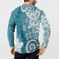 Polynesia Button Sweatshirt Hippie Blue Tribal Turtle Floral Pattern