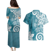 Polynesia Couples Matching Puletasi and Hawaiian Shirt Hippie Blue Tribal Turtle Floral Pattern