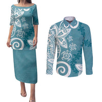 Polynesia Couples Matching Puletasi and Long Sleeve Button Shirt Hippie Blue Tribal Turtle Floral Pattern