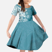 Polynesia Family Matching Long Sleeve Bodycon Dress and Hawaiian Shirt Hippie Blue Tribal Turtle Floral Pattern LT05 Daughter's Dress Blue - Polynesian Pride
