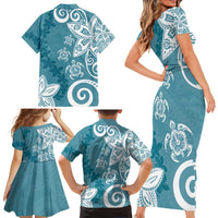 Polynesia Family Matching Short Sleeve Bodycon Dress and Hawaiian Shirt Hippie Blue Tribal Turtle Floral Pattern LT05 - Polynesian Pride