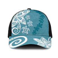 Polynesia Mesh Trucker Cap Hippie Blue Tribal Turtle Floral Pattern - Polynesian Pride