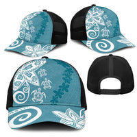 Polynesia Mesh Trucker Cap Hippie Blue Tribal Turtle Floral Pattern - Polynesian Pride