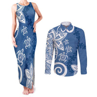 Polynesia Couples Matching Tank Maxi Dress and Long Sleeve Button Shirt Blue Tribal Turtle Floral Pattern