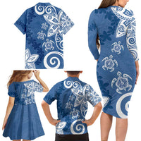 Polynesia Family Matching Long Sleeve Bodycon Dress and Hawaiian Shirt Blue Tribal Turtle Floral Pattern LT05 - Polynesian Pride