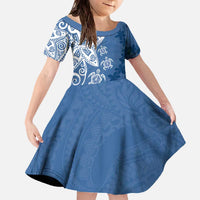 Polynesia Family Matching Off The Shoulder Long Sleeve Dress and Hawaiian Shirt Blue Tribal Turtle Floral Pattern LT05 Daughter's Dress Blue - Polynesian Pride