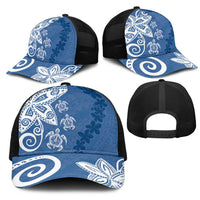 Polynesia Mesh Trucker Cap Blue Tribal Turtle Floral Pattern - Polynesian Pride
