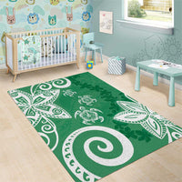 Polynesia Area Rug Green Tribal Turtle Floral Pattern