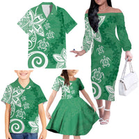 Polynesia Family Matching Off The Shoulder Long Sleeve Dress and Hawaiian Shirt Green Tribal Turtle Floral Pattern LT05 - Polynesian Pride