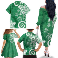 Polynesia Family Matching Off The Shoulder Long Sleeve Dress and Hawaiian Shirt Green Tribal Turtle Floral Pattern LT05 - Polynesian Pride