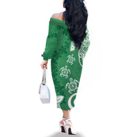 Polynesia Family Matching Off The Shoulder Long Sleeve Dress and Hawaiian Shirt Green Tribal Turtle Floral Pattern LT05 - Polynesian Pride