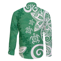 Polynesia Family Matching Off Shoulder Short Dress and Hawaiian Shirt Green Tribal Turtle Floral Pattern