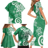 Polynesia Family Matching Short Sleeve Bodycon Dress and Hawaiian Shirt Green Tribal Turtle Floral Pattern LT05 - Polynesian Pride