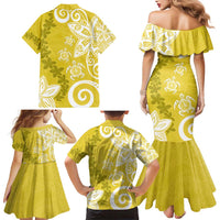 Polynesia Family Matching Mermaid Dress and Hawaiian Shirt Yellow Tribal Turtle Floral Pattern LT05 - Polynesian Pride