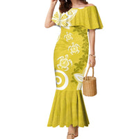 Polynesia Family Matching Mermaid Dress and Hawaiian Shirt Yellow Tribal Turtle Floral Pattern LT05 Mom's Dress Yellow - Polynesian Pride