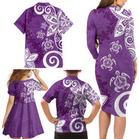 Polynesia Family Matching Long Sleeve Bodycon Dress and Hawaiian Shirt Purple Tribal Turtle Floral Pattern LT05 - Polynesian Pride