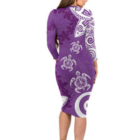 Polynesia Family Matching Long Sleeve Bodycon Dress and Hawaiian Shirt Purple Tribal Turtle Floral Pattern LT05 - Polynesian Pride