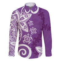 Polynesia Family Matching Off The Shoulder Long Sleeve Dress and Hawaiian Shirt Purple Tribal Turtle Floral Pattern LT05 Dad's Shirt - Long Sleeve Purple - Polynesian Pride