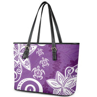 Polynesia Leather Tote Bag Purple Tribal Turtle Floral Pattern