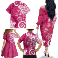 Polynesia Family Matching Off The Shoulder Long Sleeve Dress and Hawaiian Shirt Pink Tribal Turtle Floral Pattern LT05 - Polynesian Pride
