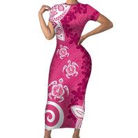 Polynesia Family Matching Short Sleeve Bodycon Dress and Hawaiian Shirt Pink Tribal Turtle Floral Pattern LT05 Mom's Dress Pink - Polynesian Pride