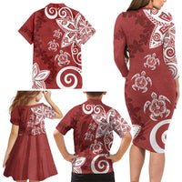 Polynesia Family Matching Long Sleeve Bodycon Dress and Hawaiian Shirt Red Tribal Turtle Floral Pattern LT05 - Polynesian Pride