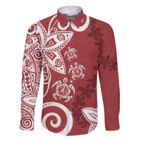 Polynesia Family Matching Off The Shoulder Long Sleeve Dress and Hawaiian Shirt Red Tribal Turtle Floral Pattern LT05 Dad's Shirt - Long Sleeve Red - Polynesian Pride