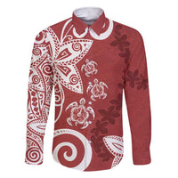 Polynesia Family Matching Short Sleeve Bodycon Dress and Hawaiian Shirt Red Tribal Turtle Floral Pattern LT05 Dad's Shirt - Long Sleeve Red - Polynesian Pride