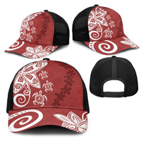 Polynesia Mesh Trucker Cap Red Tribal Turtle Floral Pattern - Polynesian Pride