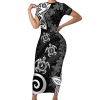 Polynesia Family Matching Short Sleeve Bodycon Dress and Hawaiian Shirt Black Tribal Turtle Floral Pattern LT05 Mom's Dress Black - Polynesian Pride