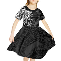 Polynesia Kid Short Sleeve Dress Black Tribal Turtle Floral Pattern
