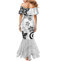 Polynesia Family Matching Mermaid Dress and Hawaiian Shirt White Tribal Turtle Floral Pattern