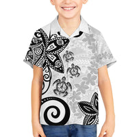 Polynesia Family Matching Off The Shoulder Long Sleeve Dress and Hawaiian Shirt White Tribal Turtle Floral Pattern LT05 Son's Shirt White - Polynesian Pride
