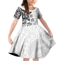 Polynesia Family Matching Off Shoulder Short Dress and Hawaiian Shirt White Tribal Turtle Floral Pattern LT05 Daughter's Dress White - Polynesian Pride