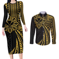 Hawaii And Philippines Couples Matching Long Sleeve Bodycon Dress and Long Sleeve Button Shirt Kanaka Maoli With Tribal Sun Together Gold LT05 Gold - Polynesian Pride
