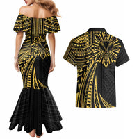 Hawaii And Philippines Couples Matching Mermaid Dress and Hawaiian Shirt Kanaka Maoli With Tribal Sun Together Gold LT05 - Polynesian Pride