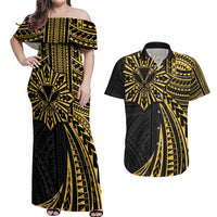Hawaii And Philippines Couples Matching Off Shoulder Maxi Dress and Hawaiian Shirt Kanaka Maoli With Tribal Sun Together Gold LT05 Gold - Polynesian Pride