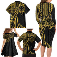 Hawaii And Philippines Family Matching Long Sleeve Bodycon Dress and Hawaiian Shirt Kanaka Maoli With Tribal Sun Together Gold LT05 - Polynesian Pride