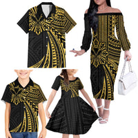 Hawaii And Philippines Family Matching Off The Shoulder Long Sleeve Dress and Hawaiian Shirt Kanaka Maoli With Tribal Sun Together Gold LT05 - Polynesian Pride