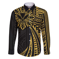 Hawaii And Philippines Family Matching Off The Shoulder Long Sleeve Dress and Hawaiian Shirt Kanaka Maoli With Tribal Sun Together Gold LT05 Dad's Shirt - Long Sleeve Gold - Polynesian Pride