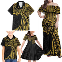 Hawaii And Philippines Family Matching Off Shoulder Maxi Dress and Hawaiian Shirt Kanaka Maoli With Tribal Sun Together Gold LT05 - Polynesian Pride