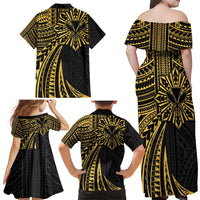 Hawaii And Philippines Family Matching Off Shoulder Maxi Dress and Hawaiian Shirt Kanaka Maoli With Tribal Sun Together Gold LT05 - Polynesian Pride