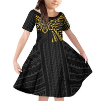Hawaii And Philippines Family Matching Off Shoulder Short Dress and Hawaiian Shirt Kanaka Maoli With Tribal Sun Together Gold LT05 Daughter's Dress Gold - Polynesian Pride
