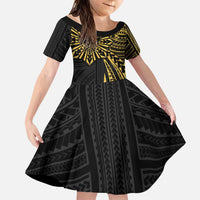 Hawaii And Philippines Family Matching Puletasi and Hawaiian Shirt Kanaka Maoli With Tribal Sun Together Gold LT05 Daughter's Dress Gold - Polynesian Pride