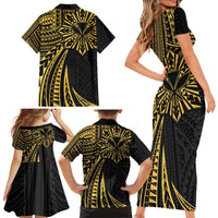 Hawaii And Philippines Family Matching Short Sleeve Bodycon Dress and Hawaiian Shirt Kanaka Maoli With Tribal Sun Together Gold LT05 - Polynesian Pride
