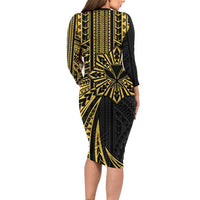 Hawaii And Philippines Long Sleeve Bodycon Dress Kanaka Maoli With Tribal Sun Together Gold LT05 - Polynesian Pride