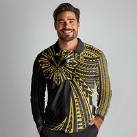 Hawaii And Philippines Long Sleeve Polo Shirt Kanaka Maoli With Tribal Sun Together Gold LT05 - Polynesian Pride