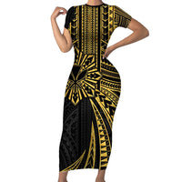 Hawaii And Philippines Short Sleeve Bodycon Dress Kanaka Maoli With Tribal Sun Together Gold LT05 Long Dress Gold - Polynesian Pride