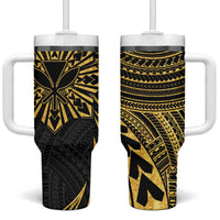 Hawaii And Philippines Tumbler With Handle Kanaka Maoli With Tribal Sun Together Gold LT05 One Size: 40 oz Gold - Polynesian Pride